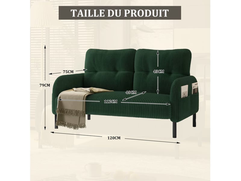  Canapé droit fixe 2 places en velours côtelé vert émeraude 120 × 75 × 79 cm, avec poche latérale pratique  - Conforama C