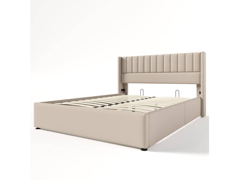  Lit coffre double hydraulique 160 x 200 cm beige en lin avec sommier à lattes  - Conforama A