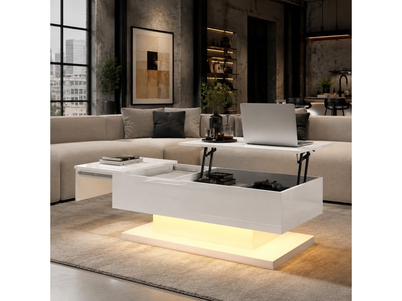  Table basse relevable led avec plateau coulissant et rangement pour salon 100×50×45 cm blanche  - Conforama B