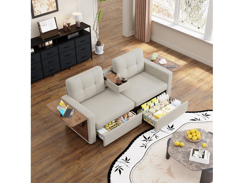  Canapé 2 places 178*71*57.5cm en chenille avec 2 tiroirs, tablettes réglables et porte-gobelets beige chicfurn  - Conforama C