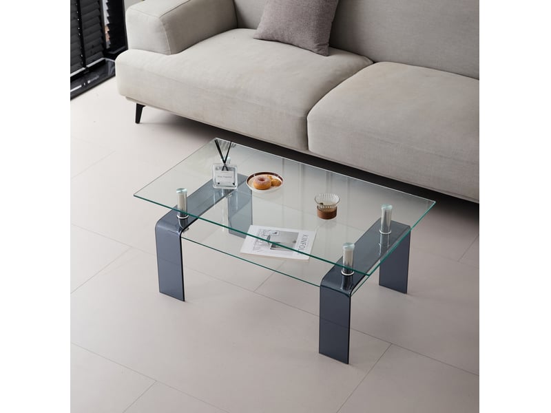 Table basse avec plateau et tablette en verre trempé, pieds gris, pour salon, en verre transparent, 100 × 55 × 45 cm - Conforama C