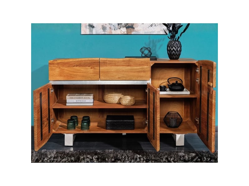  Buffet arkaya 135 cm en bois massif d'acacia verni – 3 portes, 2 tiroirs et pieds acier  - Conforama D