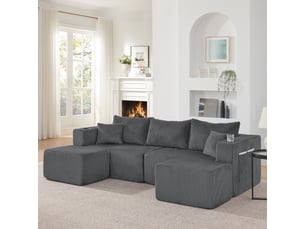 Canapé d'angle modulable 3 places en velours côtelé gris, avec 2 poufs, porte-gobelets, rangements, 300 kg