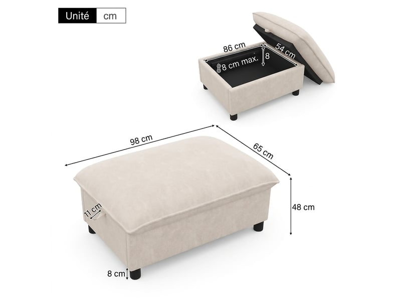  Pouf coffre de rangement beige 98x65x48 cm en tissu chenille, repose-pieds  - Conforama C