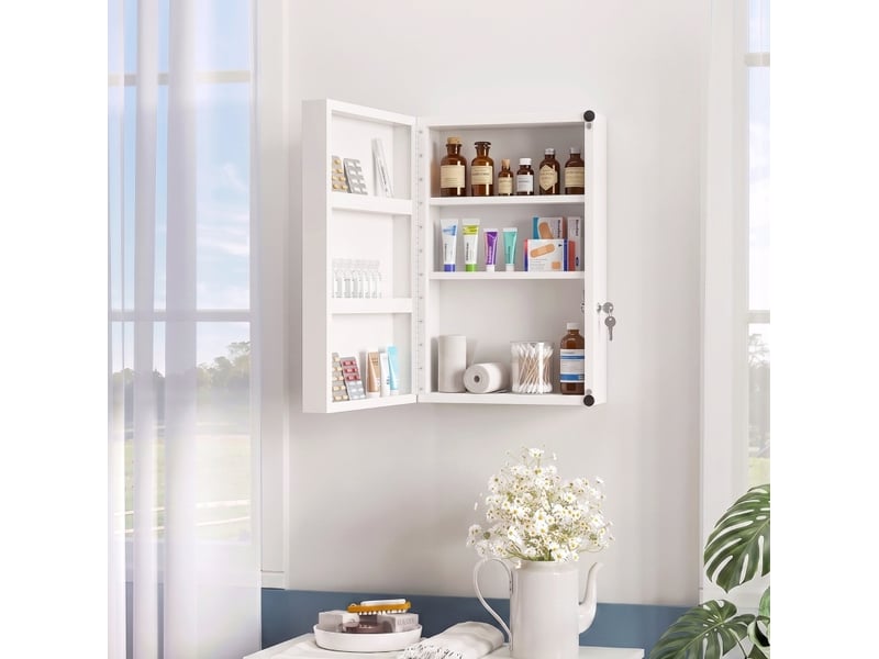 Armoire à pharmacie murale en acier blanc avec serrure et 6 espaces de rangement pour un intérieur ordonné - Conforama B