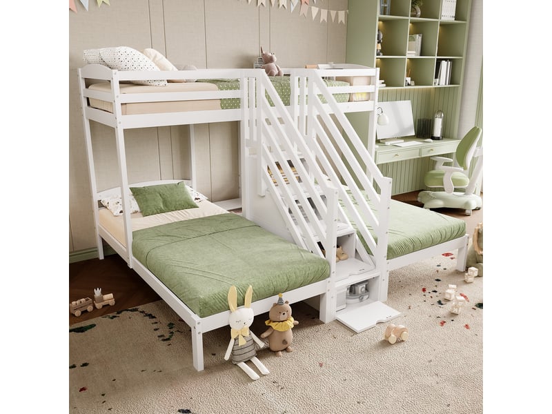  Lit mezzanine 90 x 200 cm de pin, lit triple 3 lits, échelle avec tiroirs, garde-corps, lit adulte avec barrières de sécurité, blanc  - Conforama E