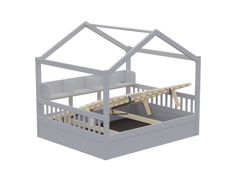  Lit enfant 140 × 200 cm – avec barrière de sécurité – avec espaces de rangement – ​​avec bande led et prise électrique – gris (matelas non inclus)  - Conforama R