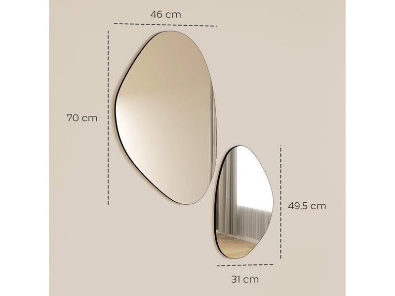  Lot de 2 miroirs muraux irréguliers en verre, cadres métal noir, 70 x 46 cm et 49,5 x 31 cm, style moderne  - Conforama C
