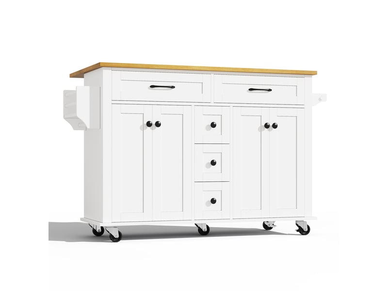 Îlot de cuisine mobile avec plateau extensible, 5 tiroirs, placards, porte-épices et porte-serviettes 120 cm - Conforama A