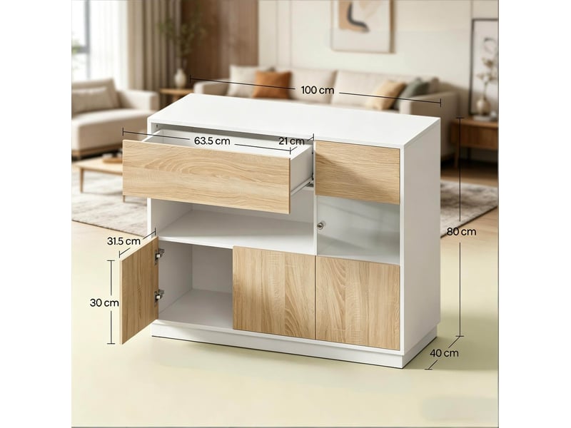  Buffet 100 x 80 x 40 cm blanc et chêne clair en bois d'ingénierie, rangement pour entrée et cuisine  - Conforama C