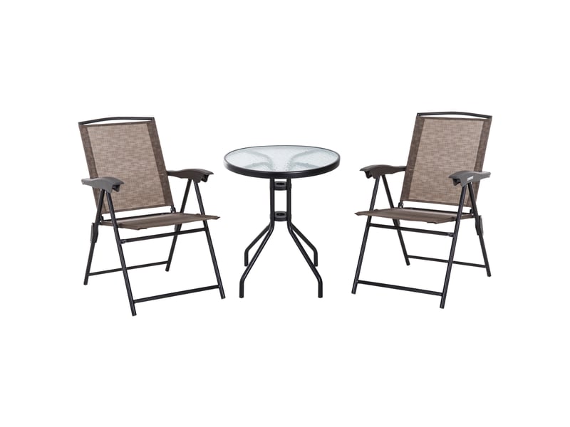  Ensemble table + 2 chaises, jardinterrasse, pliante dossier 4 positions, textilène, acier, marron.  - Conforama A