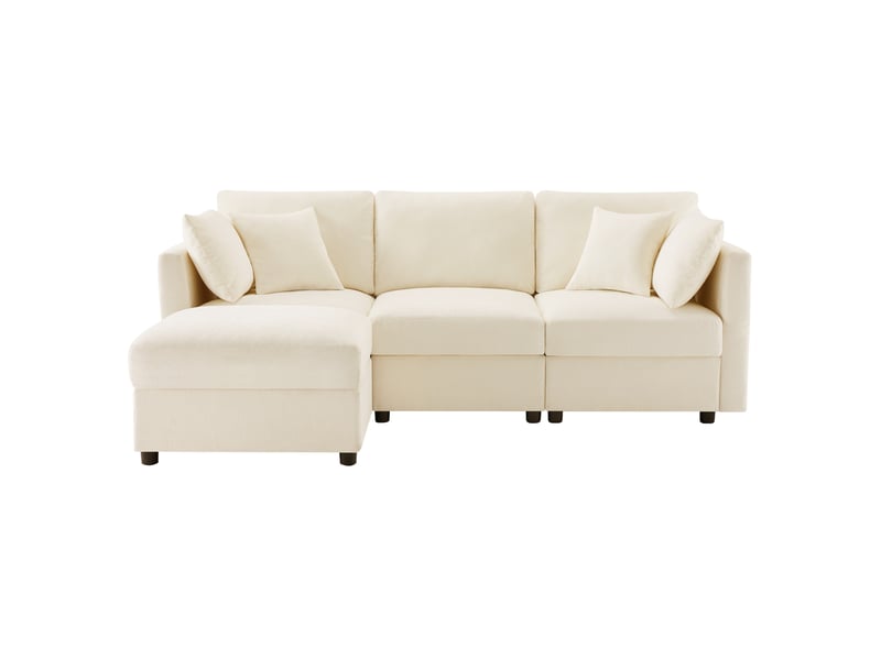 Canapé d'angle en l avec repose-pieds convertible en 3 places, avec 4 coussins et accoudoirs réglables, en tissu chenille confortable, adapté au salon, bureau et appartement, beige. Avec vidéo. - Conforama A
