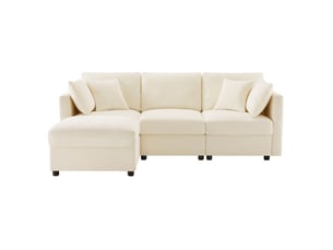 Canapé d'angle en l avec repose-pieds convertible en 3 places, avec 4 coussins et accoudoirs réglables, en tissu chenille confortable, adapté au salon, bureau et appartement, beige. Avec vidéo.