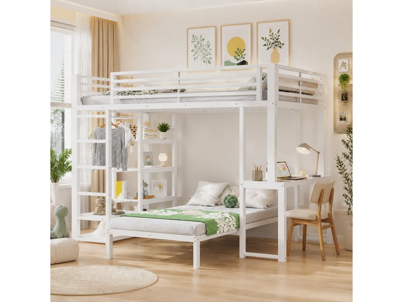  Lit superposé enfant 2 places 90×200 cm lit mezzanine lit simple en fer avec bureau ports usb armoire ouverte étagères, blanc  - Conforama C