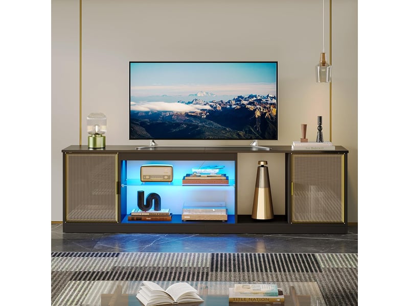  Bestier modern tv stand for 7580 inch tvs, led multimedia center with acrylic doors and adjustable glass shelf, 70 media console for ps5 living room, black carbon fibre  - Conforama B
