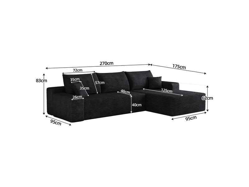  Canapé d'angle  modulaire ,3 places,avec méridienne en l, assise profonde ,270 × 175 × 83cm,noir  - Conforama C