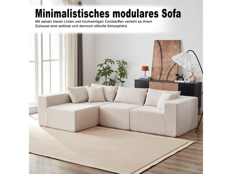 Canapé d'angle compressée en l en velours côtelé,264x167x71cm,canapé modulaire 4 pièces en mousse,sans montage,beige - Conforama E