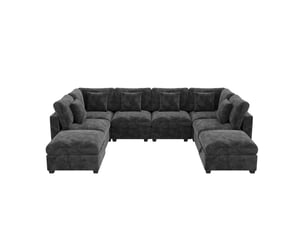 Canapé d'angle xxl modulable 8 places 292x220x81 cm en u convertible avec 2 poufs coffre, poches latérales, 6 coussins, chenille gaufré - gris