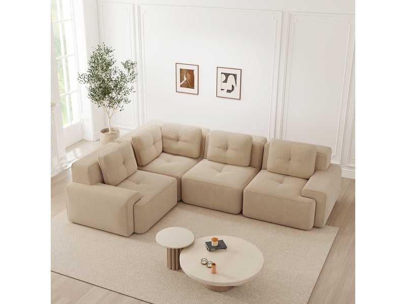  Canapé d'angle modulable avec assise basse, accoudoirs larges et base antidérapante en velours côtelé beige  - Conforama B