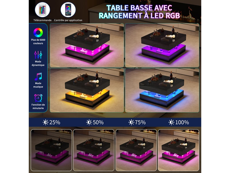  Table basse 78x78cm noir brillant - design moderne, éclairage led rvb (télécommande et app) et 2 tiroirs  - Conforama E