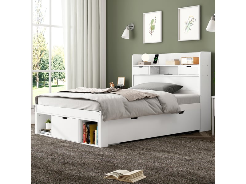  Lit simple 90x190 cm blanc - port usb, tiroir intégré, grand rangement, matelas non inclus  - Conforama D