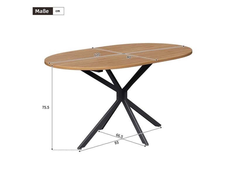  Table à manger ovale 120 x 80 cm en mdf, pieds métalliques croisés, naturel  - Conforama C