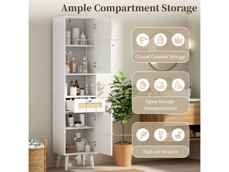  Colonne de salle de bain 2 portes en rotin 1 tiroir mdf blanc 40 x 30 x 166 cm  - Conforama E