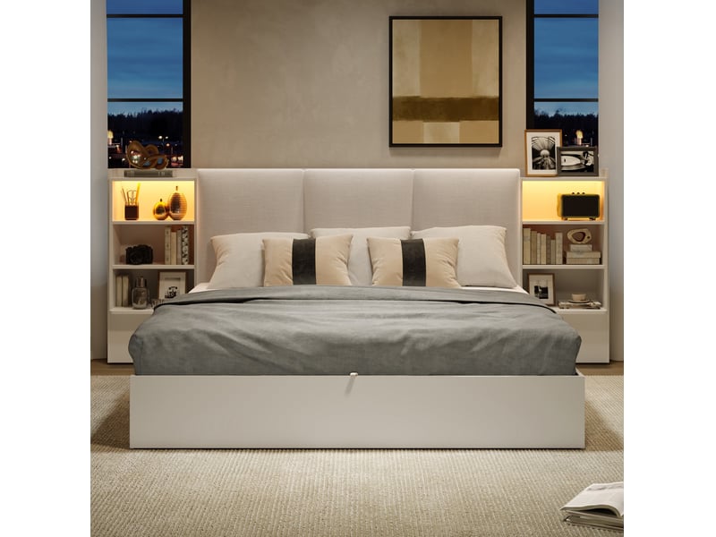  Lit coffre 180 x 200 cm avec tête de lit rembourrée, led et 6 niches, blanc  - Conforama D