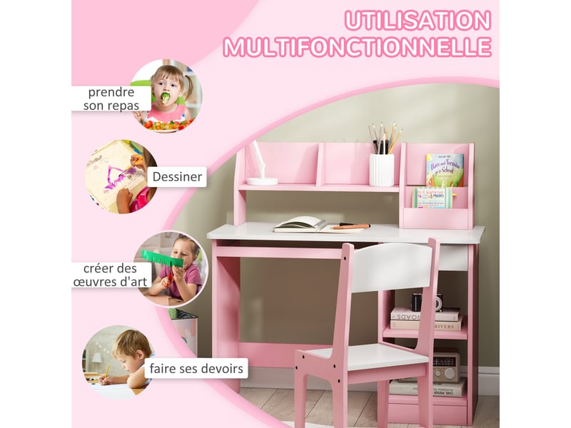  Bureau enfant avec chaise et rangements rose 90 x 45 x 90 cm  - Conforama W