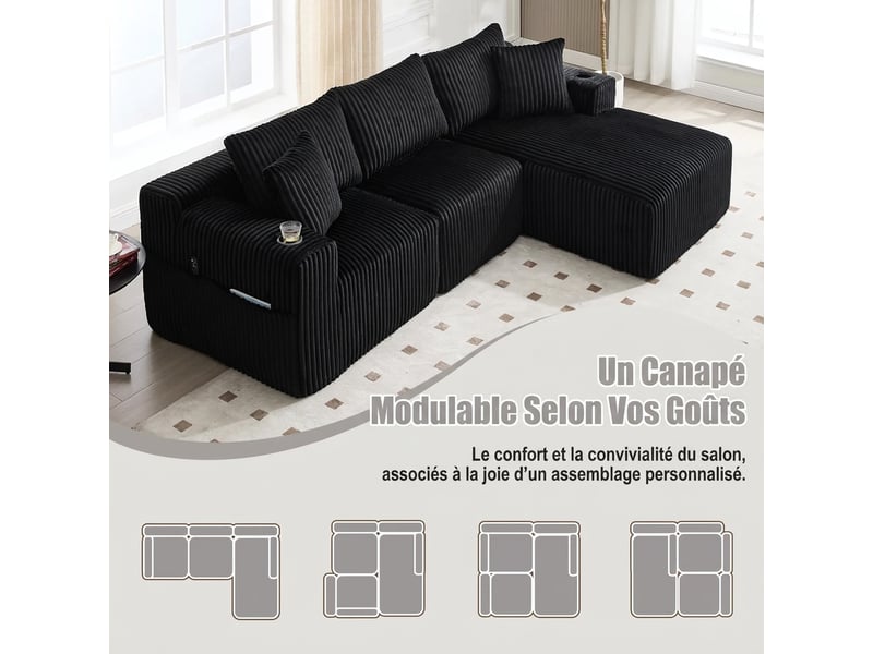 Canapé modulaire avec méridienne en velours côtelé 257 x 160 x 62 cm - 5 coussins et rangements  - Conforama R