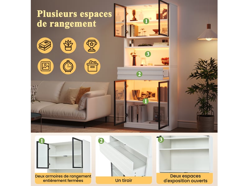 Lot de 2 vitrines de rangement 160x35x200 cm, led rgb, 8 portes vitrées, 2 tiroirs, mdf, blanc  - Conforama E
