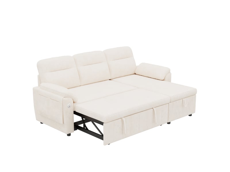  Canapé d'angle convertible 208x131x88cm avec méridienne réversible, couchage, coffre de rangement, usbtype-c, appuie-tête réglable, chenille-beige Bliss Lite - Conforama A