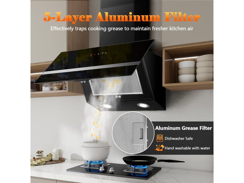 Hotte aspirante murale noire 60 cm, 450 m³h, 3 vitesses avec boost, tactile, évacuation et recyclage, éclairage led, classe a+++ - Conforama R