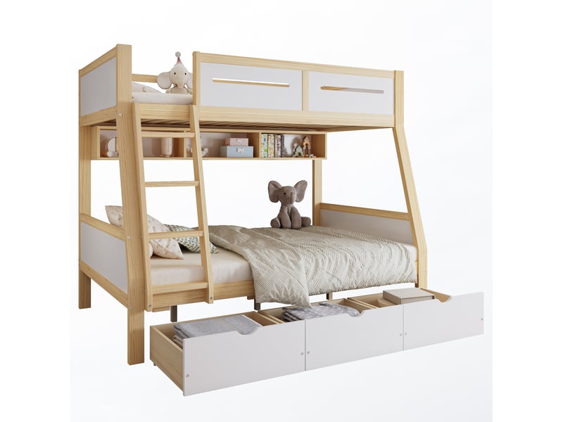  Lit superposé 90x200 cm + 120x200 cm 3 tiroirs, pin mdf contreplaqué blanc et coloris naturel  - Conforama A