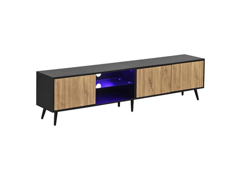  Meuble tv led 175 cm pour salon, 3 portes, 6 peids, bois naturel et noir, pour téléviseur jusqu’à 70 pouces  - Conforama E