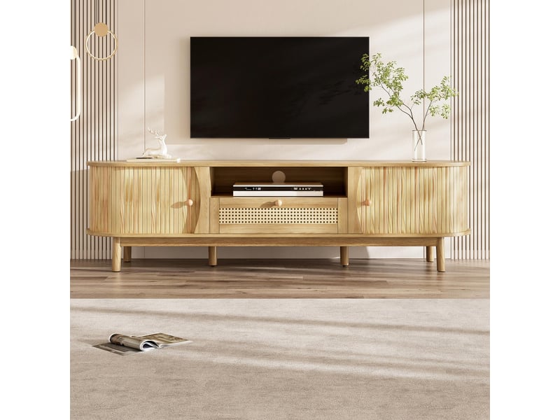  Meuble tv 165 cm, buffet bas de salon avec portes coulissantes et tiroirs en rotin, en mdf et rotin tressé de style bohème chic rustique, naturel  - Conforama C
