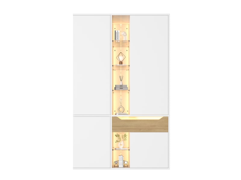  Armoire penderie 122 x 50 x 200 cm - 1 barre de penderie - 1 tiroir - éclairage led - vitrine en verre - rangements ouverts - blanc  - Conforama A