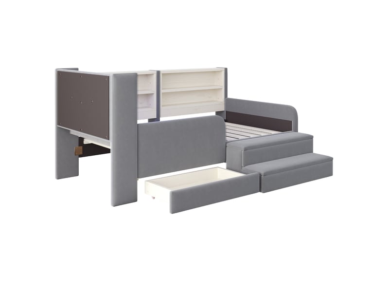  Lit enfant 90x200 cm tête de lit ours, led, usb, tiroir et pouf amovible en velours gris clair Fay Lum - Conforama R