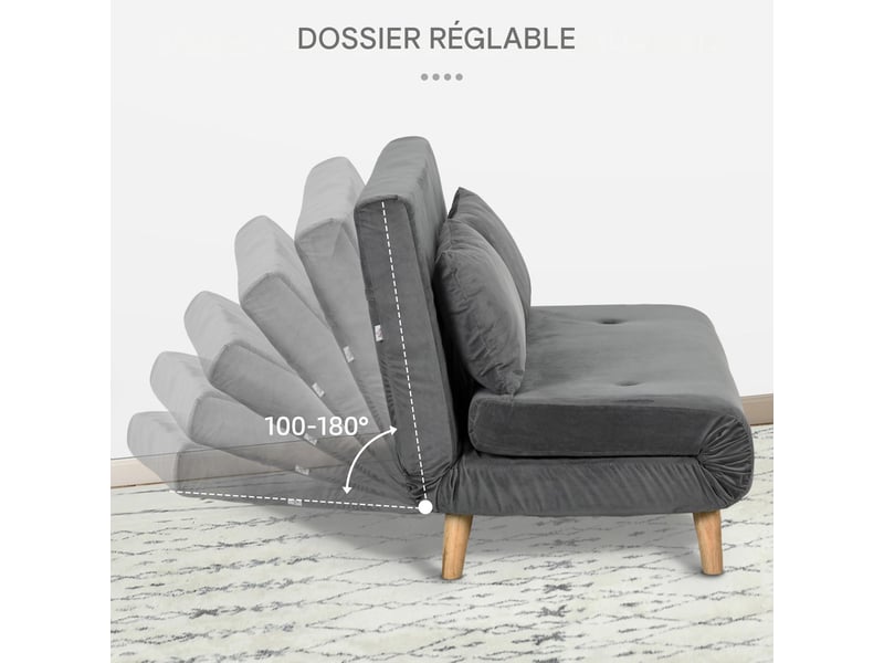  Canapé-lit 2 places convertible aspect velours avec 2 coussins gris 130 x 78 x 79 cm  - Conforama E