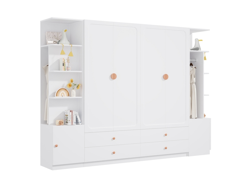  Armoire 6 portes avec 4 tiroirs et 4 penderies, rangements modulables pour chambre, blanc, 270 × 45 × 200 cm  - Conforama A