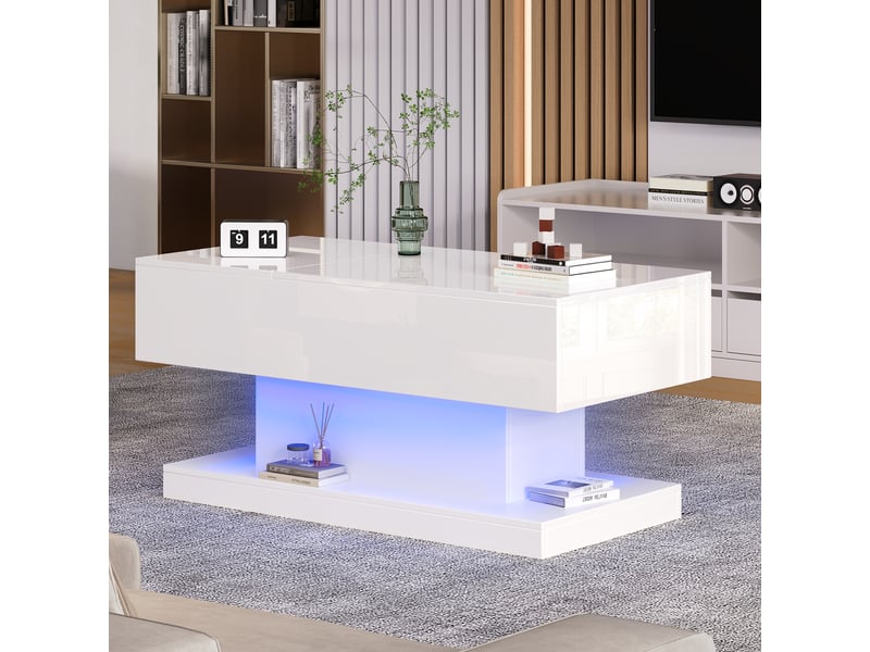  Table basse relevable blanche avec led 100x50x45 cm - plateau coulissant et rangement intégré  - Conforama W