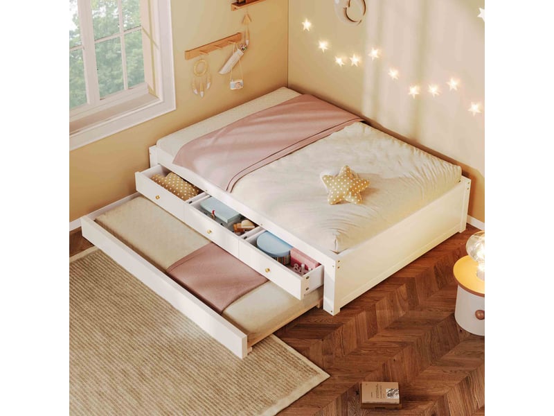  Lit gigogne enfant 90x200 cm en bois avec 3 tiroirs de rangement et lit d'appoint coulissant 90x190 cm - blanc  - Conforama D