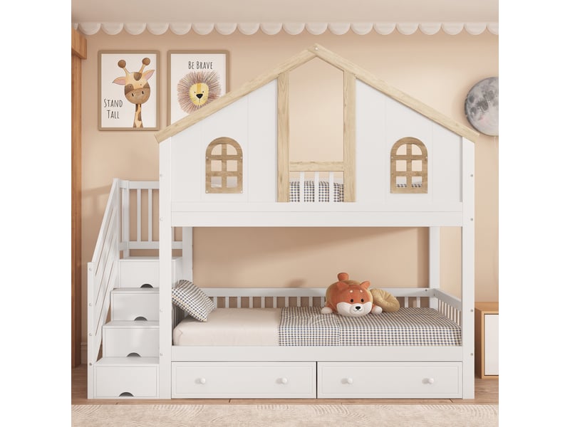 Lit superposé enfant 90x200 cm, lit cabane avec escalier de rangement, 2 tiroirs, fenêtre et barrière de sécurité, en bois de pin et mdf, blanc - Conforama C