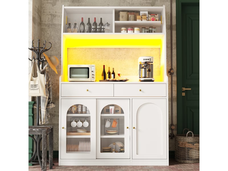  Vaisselier blanc avec éclairage led et portes en verre, buffet de cuisine haut 120x40x180 cm  - Conforama C
