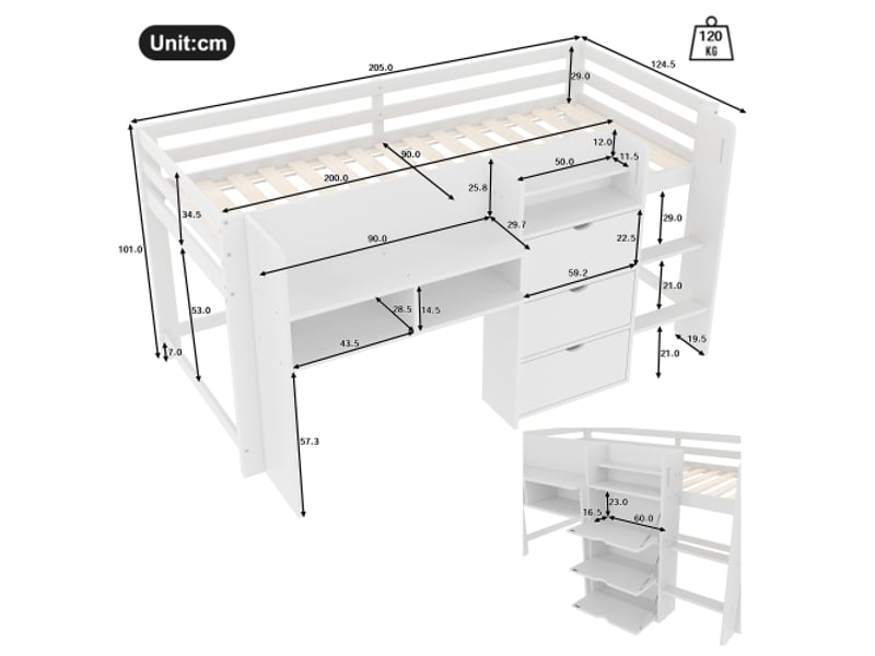  Lit mi-hauteur, 90 x 200 cm, forme maison, nombreux rangements, espace de jeu sous le lit, sans matelas, blanc  - Conforama C