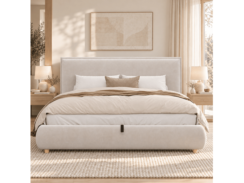  Lit coffre 2 places 160x200 cm avec tête de lit rembourrée, velours crème  - Conforama B