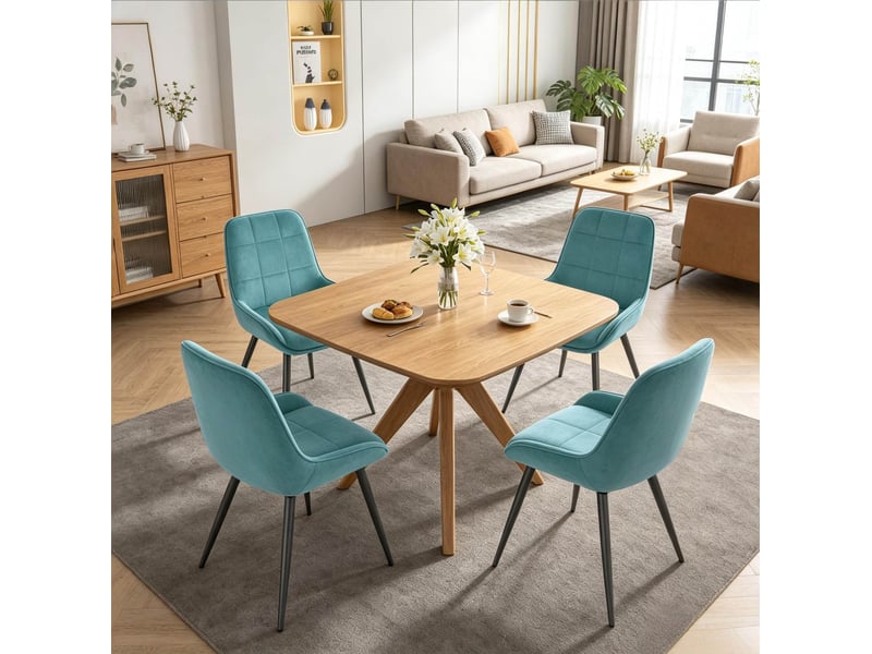  Lot de 4 chaises de salle à manger avec assise rembourrée et dossier incurvé en velours turquoise  - Conforama E