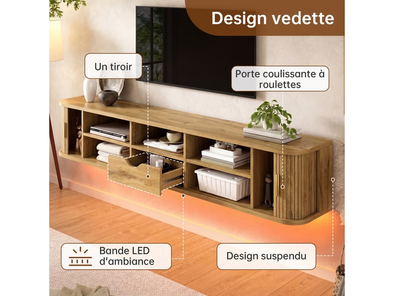  Meuble tv suspendu 170cm avec façade rainurée verticale, en mdf led inférieure réglable, pour salon moderne,bois clair  - Conforama D
