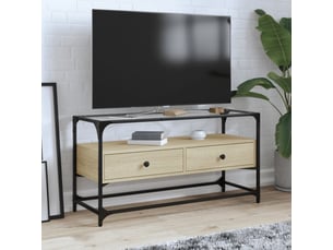 Meuble tv - banc tv - meuble de rangement avec dessus en verre chêne sonoma bois d'ingénierie