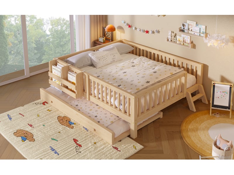  Lit enfant 140x200cm, avec lit gigogne90x190cm, petite échelle, panier de rangement, barrière, bois + mdf, couleur bois  - Conforama B